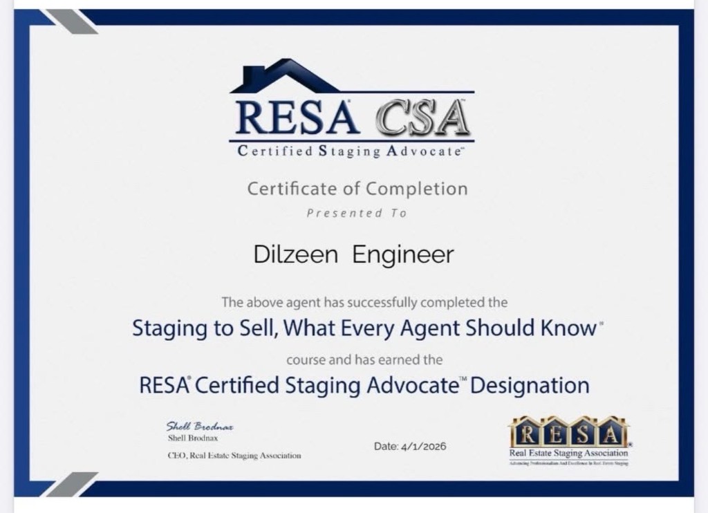 Certificate of Completion for Dilzeen Engineer as a RESA Certified Staging Advocate