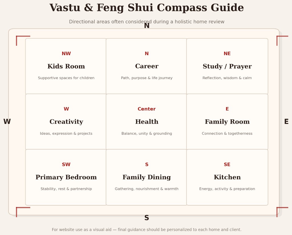 Vastu and Feng Shui compass guide showing directional areas for career, family, health, creativity, kitchen, primary bedroom, and study or prayer during a holistic home review